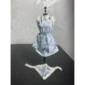 Vintage Fashion Doll Blue Floral Dress With Lace Trim & Matching Bandana